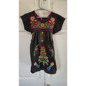 Mexican Embroidered Peasant Dress Black with Vibrant Floral Size 4